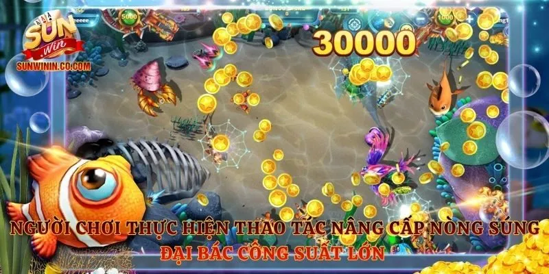 Người chơi thực hiện thao tác nâng cấp nòng súng đại bác công suất lớn 
